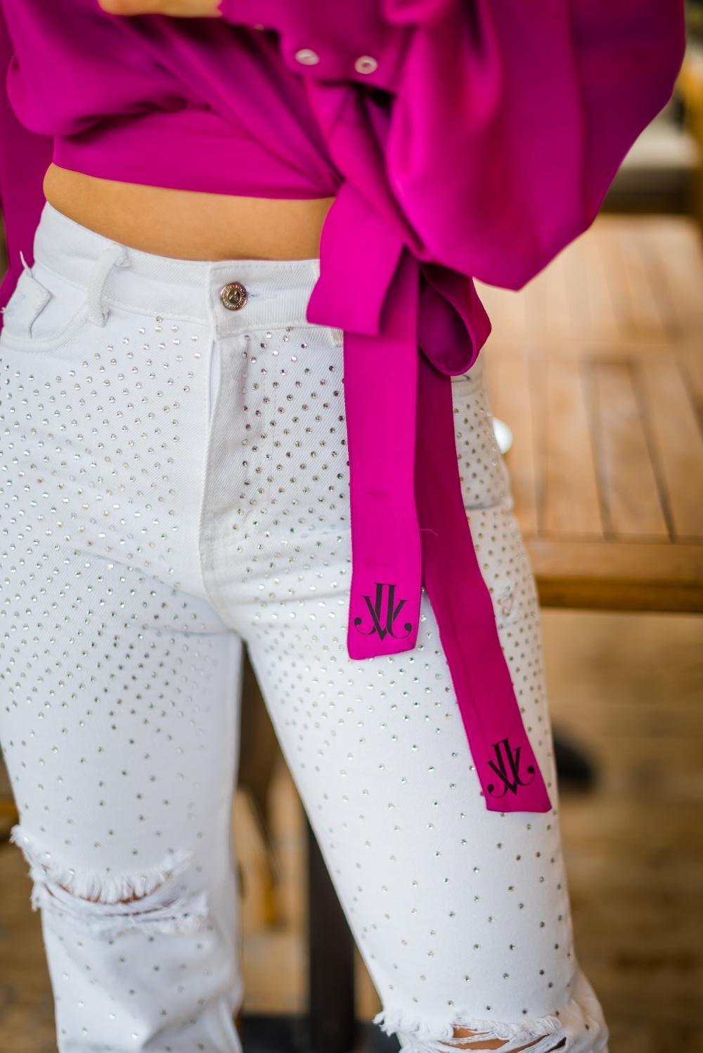 Close-up van de stof van de B-Fly Blouse Fuchsia.