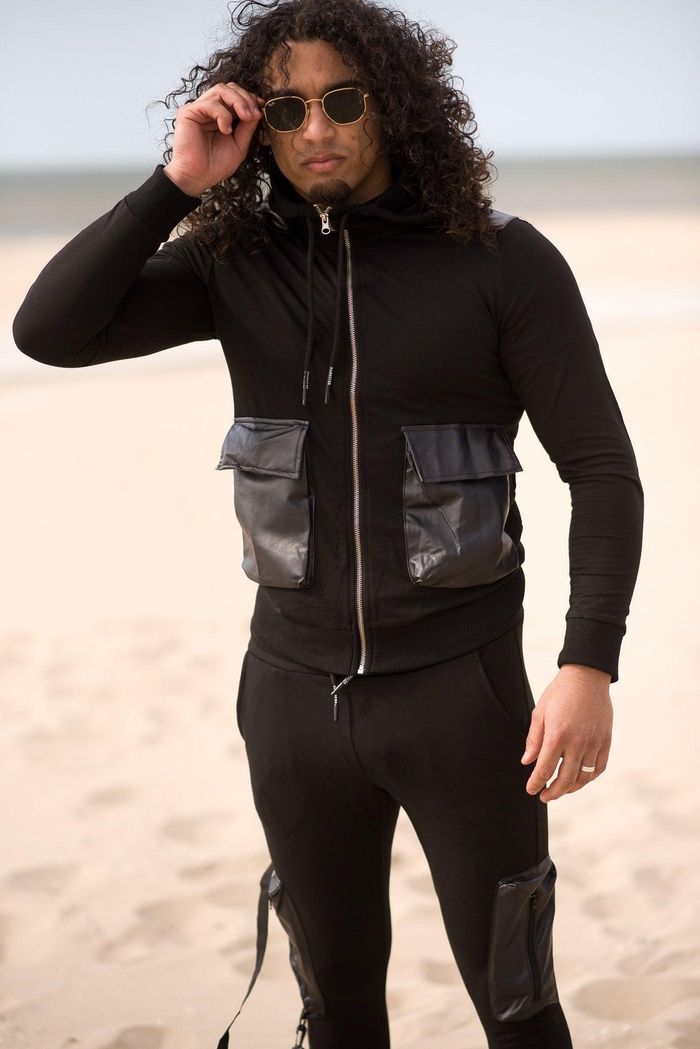 Zwarte slim fit tracksuit voor heren.
