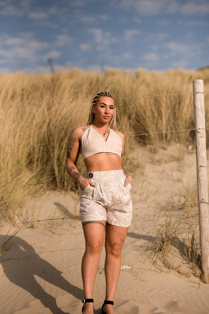 JV Linnen Top crème beige dames top met strikdetail