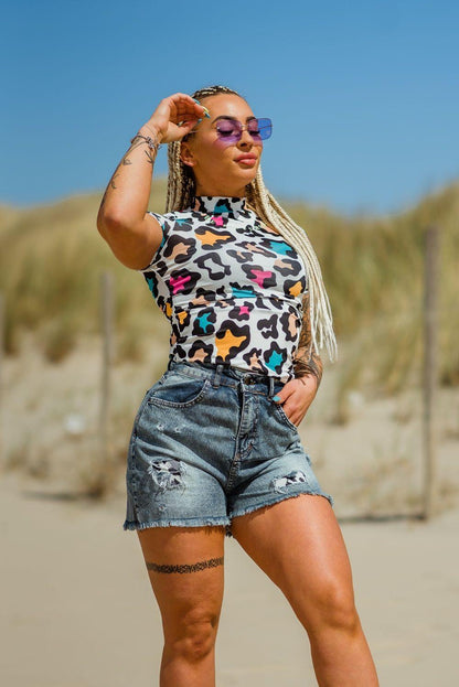 Leo Denim Short high waist denim short met panterprint