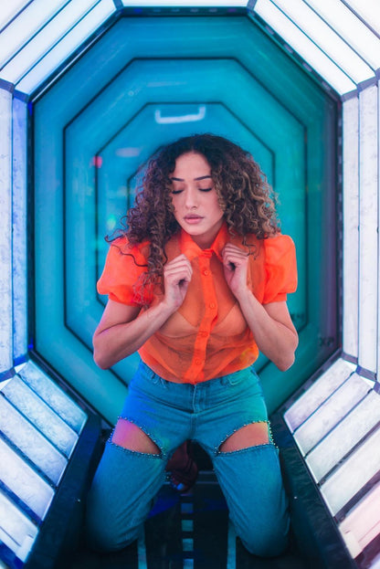 Oranje cropped mesh top voor dames