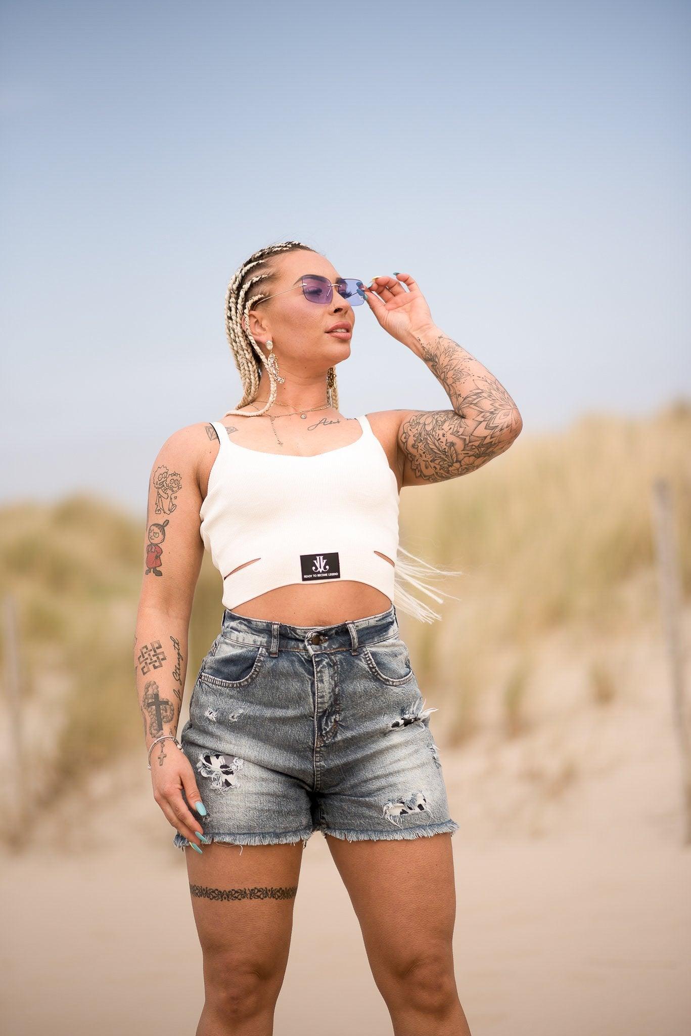 Paarse en witte zomertop dames