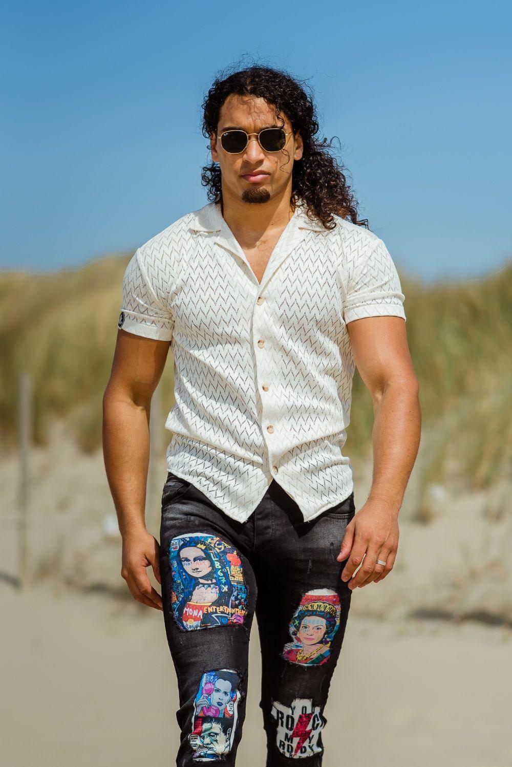 Mona Jeans zwarte graphic jeans met patches voor heren - afbeelding 3