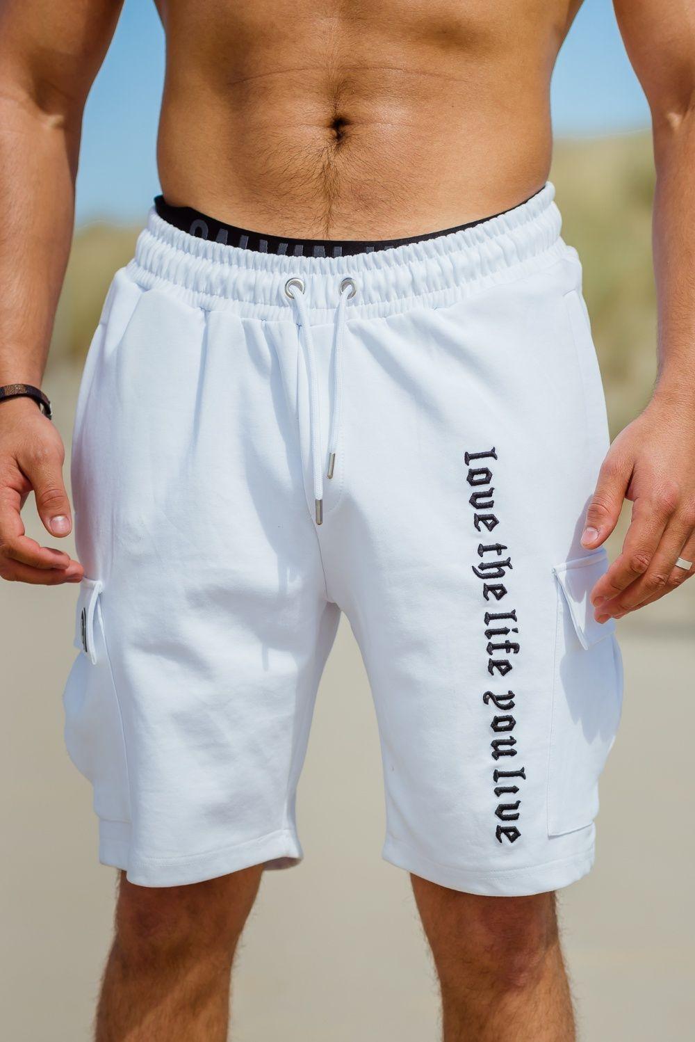 Life Short beige cargo short met statement opdruk voor heren - afbeelding 2