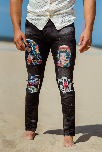 Mona Jeans zwarte graphic jeans met patches voor heren - afbeelding 2